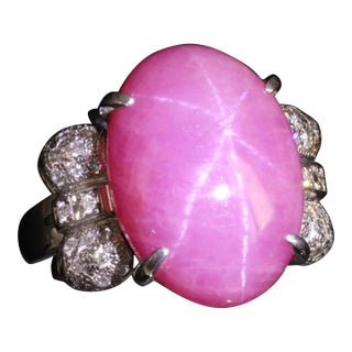 Late 20th Century Rare 21.42ct Natural Pink Star Sapphire & 0.32ct Diamond Platinum Ring, Size 8.5 For Sale
