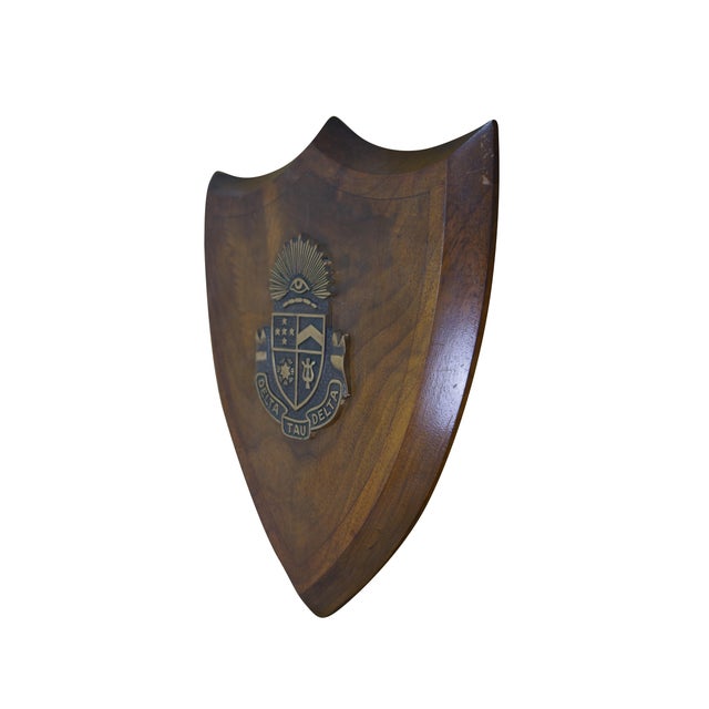 Mid 20th Century Delta Tau Delta Fraternity Shield Wall Plaque. Brass & Walnut, Made by National College Emblem Co of...