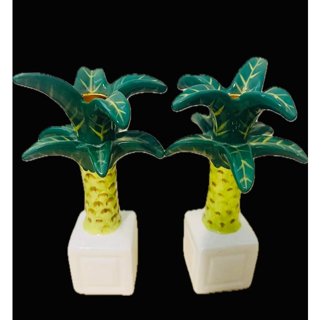 Boho Chic A Pair of Ceramic Palm Tree Candle Holders Palm Beach Style For Sale - Image 3 of 7