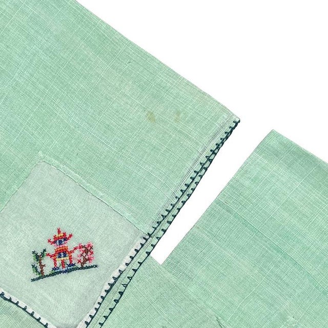 Mid 20th Century Chinoiserie Mint Green Square Embroidered Pagoda Motif Cloth Dinner Napkins - 5 For Sale - Image 5 of 6