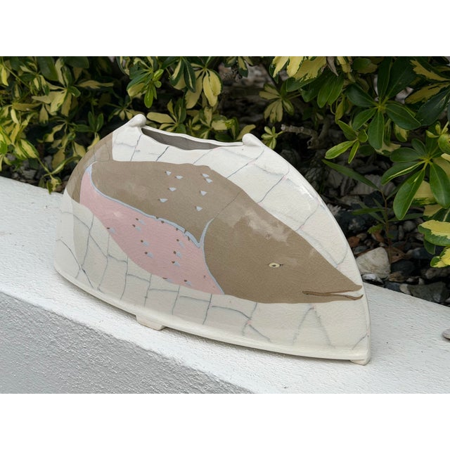 Abstract Vintage Signed Studio Pottery Abstract Fish Vase For Sale - Image 3 of 12