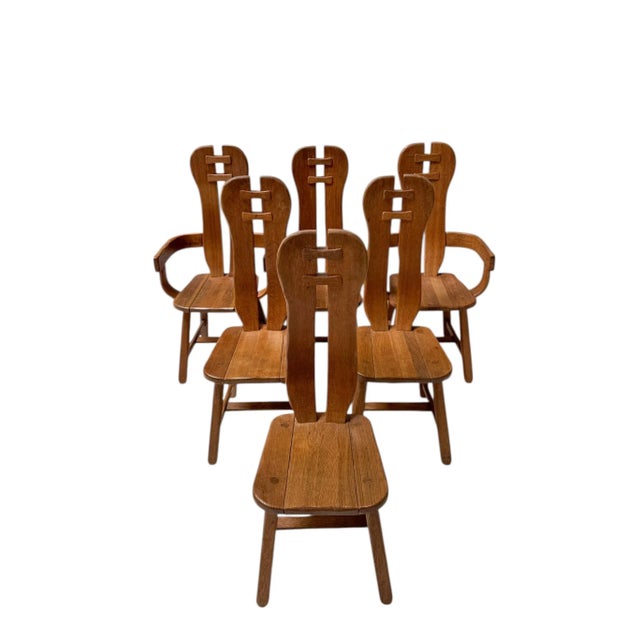Brutalist Oak Dining Room Chairs from Kunstmeubelen de Puydt, Belgium, 1970s, Set of 6 For Sale - Image 4 of 16