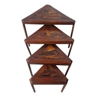 Nesting Tables in Inlaid Wood with Scenes of River Life, 1940s, Set of 4 For Sale
