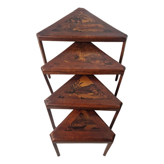 Nesting Tables in Inlaid Wood with Scenes of River Life, 1940s, Set of 4 For Sale