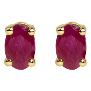 14K Yellow Gold 5x3 MM Oval Red Ruby Solitaire Stud Earrings For Sale