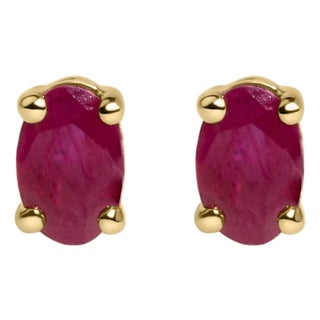 14K Yellow Gold 5x3 MM Oval Red Ruby Solitaire Stud Earrings, A Pair For Sale