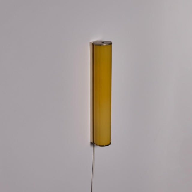 Metal 1940s Finnish Yellow Cylindrical Glass & Metal Plug-in Wall Lamp For Sale - Image 7 of 18