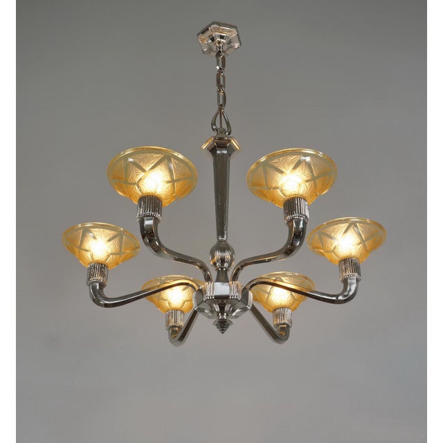Verreries des Hanots Hanots French Art Deco 6-Arm Chandelier 1930s - Honey Amber Glass & Nickel For Sale - Image 4 of 13