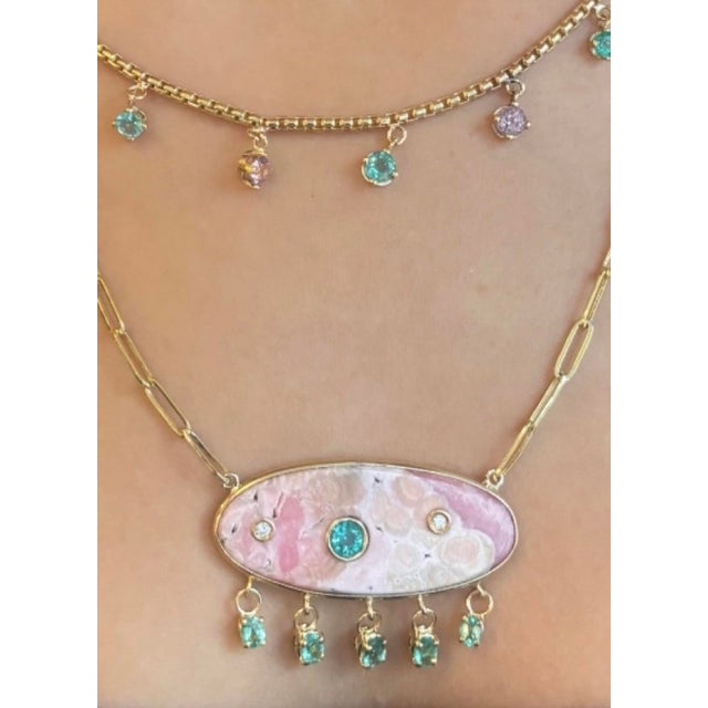 Modern Rhodochrosite Necklace With Emeralds & Diamonds on Large 14k Gold Paperclip Chain For Sale - Image 3 of 10