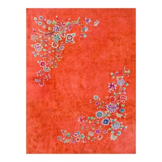 1930s Orange Floral Antique Chinese Art Deco Rug 8'9" X 11'7" Handknotted Wool Carpet For Sale