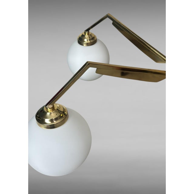 Mid 20th Century Stilnovo Style Italian Brass Six-Light Chandelier With Opaline Glass Globes For Sale - Image 12 of 18