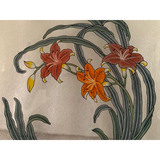 Lovely square glass platter with hand-painted pattern of stargazer lilies in pink and orange with long, elongated leaves....