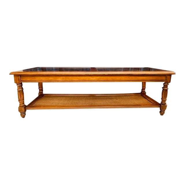 Vintage Traditional Glass Top Coffee Table With Woven Cane Shelf For Sale