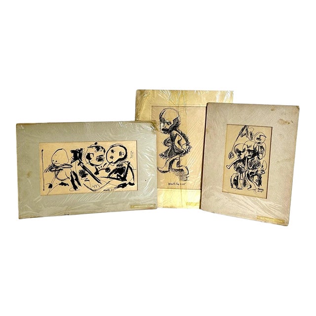 Rod MacKillop Signed Abstract Figurative Ink Drawings, Set of 3, 1965 For Sale