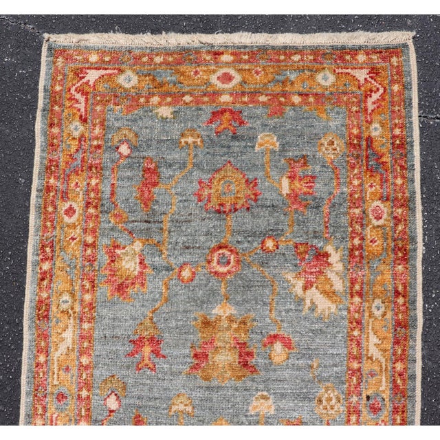 Turkish Angora Oushak Runner With Denim Blue Field and Rust Motifs For Sale In Atlanta - Image 6 of 13