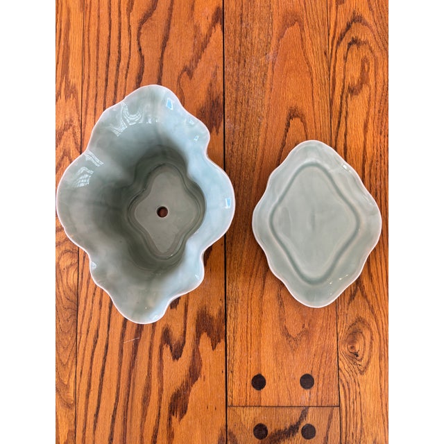 Set of 3 Vintage Chinese Longquan Celadon Cabbage Leaf Planters With Underplates For Sale - Image 12 of 14