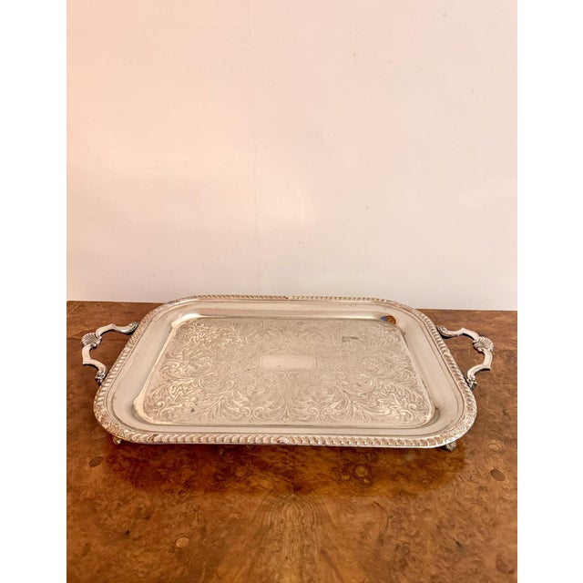 Fine quality antique Edwardian silver plated tray, having a quality antique Edwardian silver plated tray with a highly...