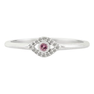 Minimal Pink Tourmaline Evil Eye Ring With Diamonds in 18k White Gold Size 5 For Sale