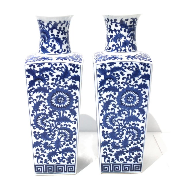 Chinoiserie 14" High Chinoiserie Square Vases - A Pair For Sale - Image 3 of 10