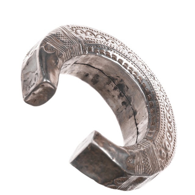 Metal 6" Antique SE Asian Golden triangle silver cuff bracelet For Sale - Image 7 of 11