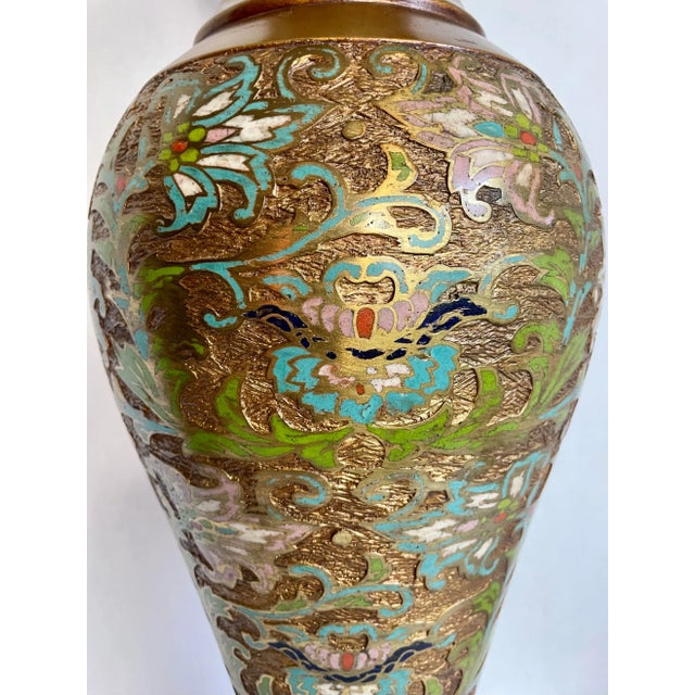 Mid 20th Century Asian Champleve Cloissone Tall Brass Lamp Made by Marbro For Sale - Image 10 of 13