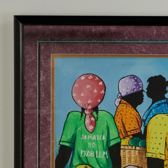 Striking vintage acrylic painting on canvas of a Jamaican market with silhouette face figures and fruit , executed in...