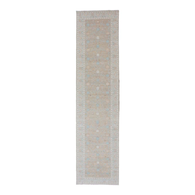 Pomegranate Khotan Design Long Runner in Soft Gold & L. Blue & Geometric Border For Sale