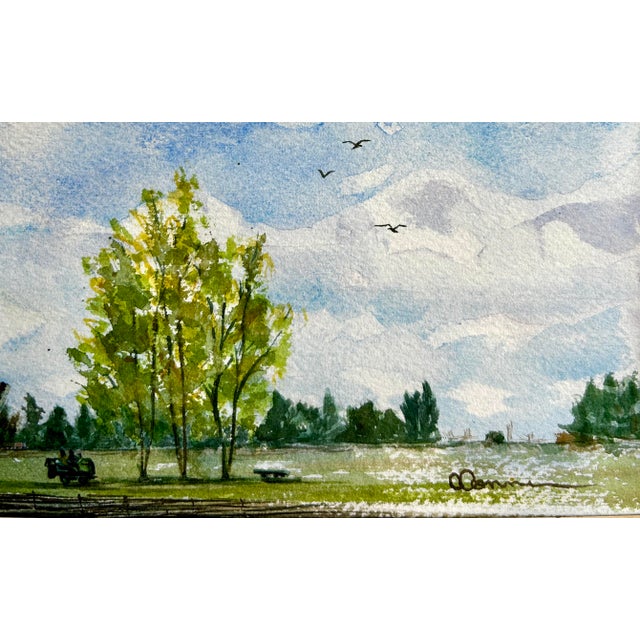 Metal Framed Original Watercolor Painting Idaho Mowing Day For Sale - Image 7 of 7