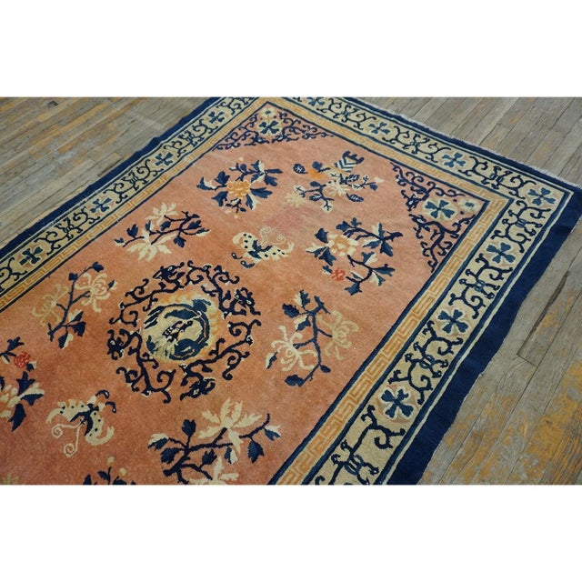 Chinese 1890s Classic Medallion Antique Peking Chinese Wool Coral Hand Knotted Small Rug For Sale - Image 3 of 9