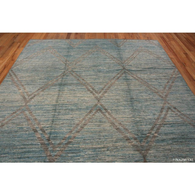 Modern Light Blue Abrash And Brown Geometric Diamond Pattern Modern Rug For Sale - Image 3 of 6