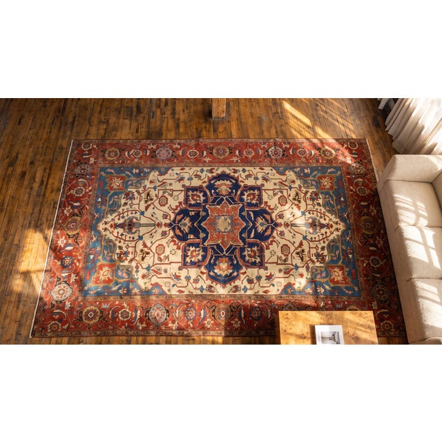 Beautiful Ivory Background With Distinctive Red Medallion Design Antique Persian Serapi Rug For Sale - Image 14 of 15