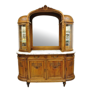Antique French Louis XVI Style Carved Walnut Marble Top Curio Sideboard Buffet
