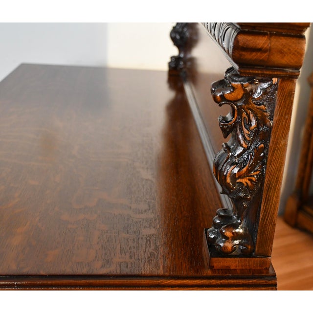 1900 Antique Rj Horner Solid Tiger Oak Carved Griffin Server / Buffet For Sale - Image 15 of 18