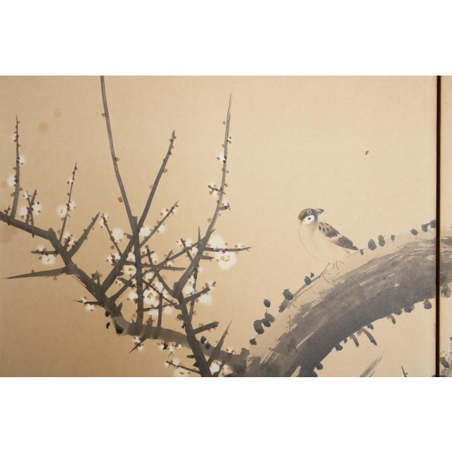 Early 20th Century Large Taisho Japanese Byobu Screen "Sparrow and the Plum Tree" by Ryosetsu Kobe For Sale - Image 5 of 18