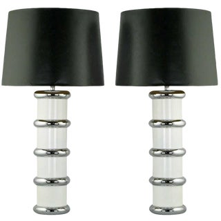 Mutual Sunset White Enamel and Chrome Table Lamps - a Pair For Sale