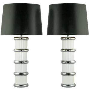 Mutual Sunset White Enamel and Chrome Table Lamps - a Pair
