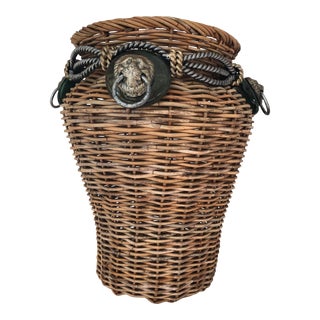 Vintage Maitland - Smith Wicker Reed, Wrought Iron, Glass & Brass Lion Head Basket For Sale