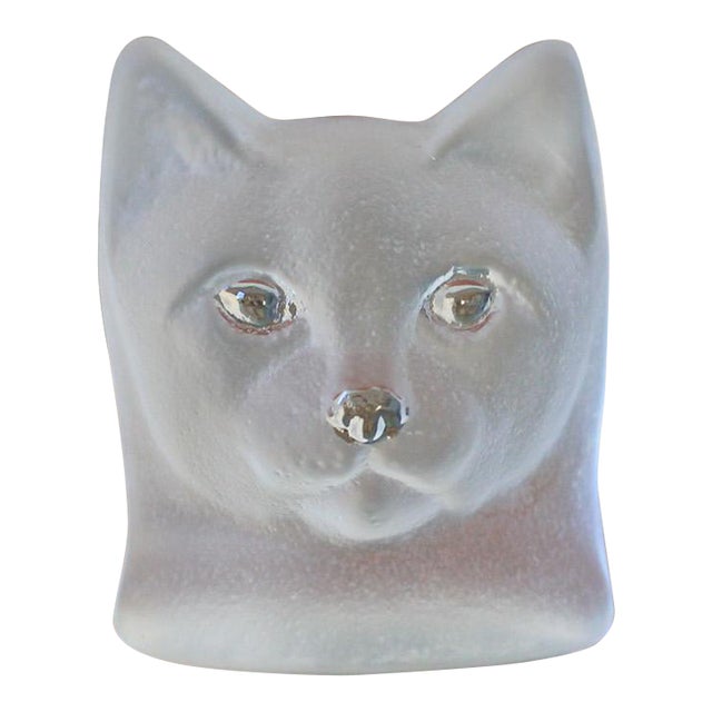 Vintage "Nybro" Sweden Crystal Glass Paperweight Cat Bust For Sale