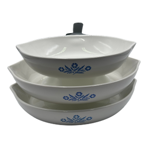 1960s Corning Ware Cornflower Skillet P-910-B 10" & P-908-B 8.5" 3pc Set Without Lids