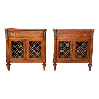 1960's Kindel French Regency Louis XVI Walnut Nightstands With Lattice Doors For Sale