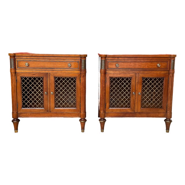 1960's Kindel French Regency Louis XVI Walnut Nightstands With Lattice Doors For Sale