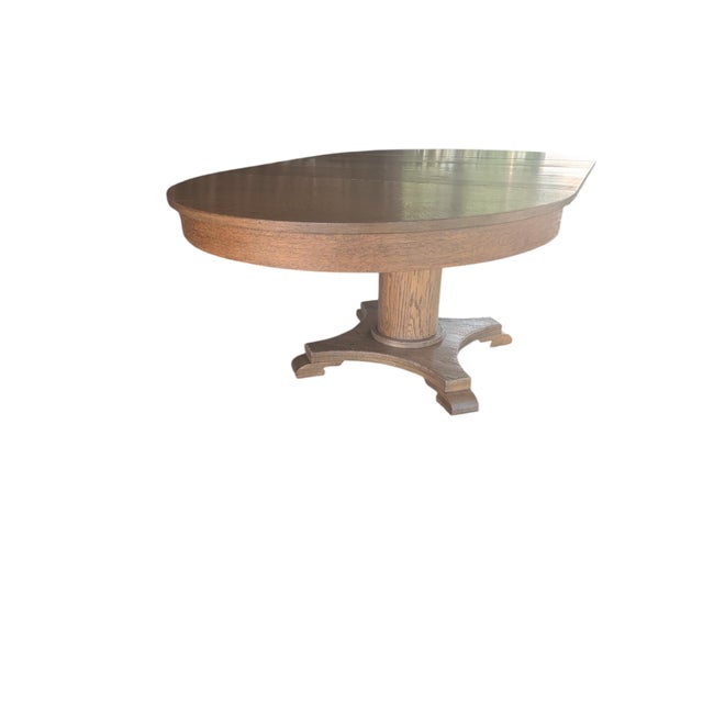 Wood Antique Quarter Sawn Oak Pedestal Dining Table | Tiger Extension Table For Sale - Image 7 of 17