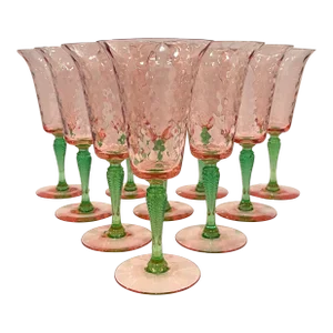 Early 20th Century Pink, Green Watermelon Glass Stemware Wine Glasses Water Goblets- Set of 10