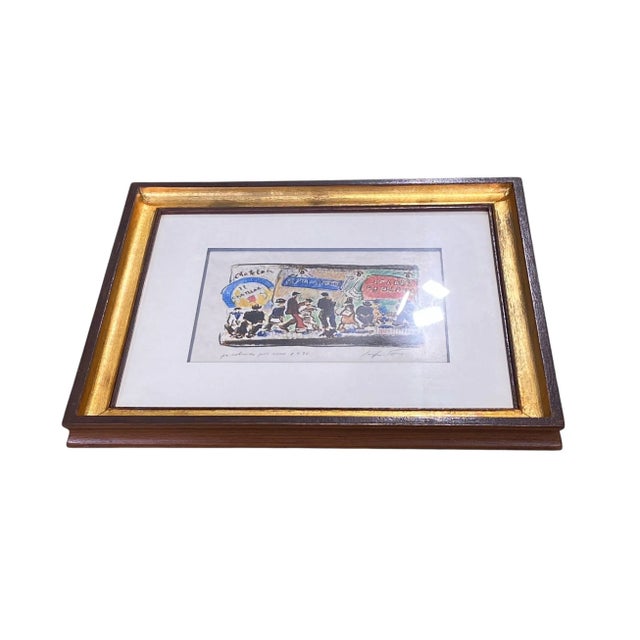 Sergio Telles (Brazil, 1936–2022) offers a crayon-on-paper piece entitled "French Market Scene," featuring figures walking...