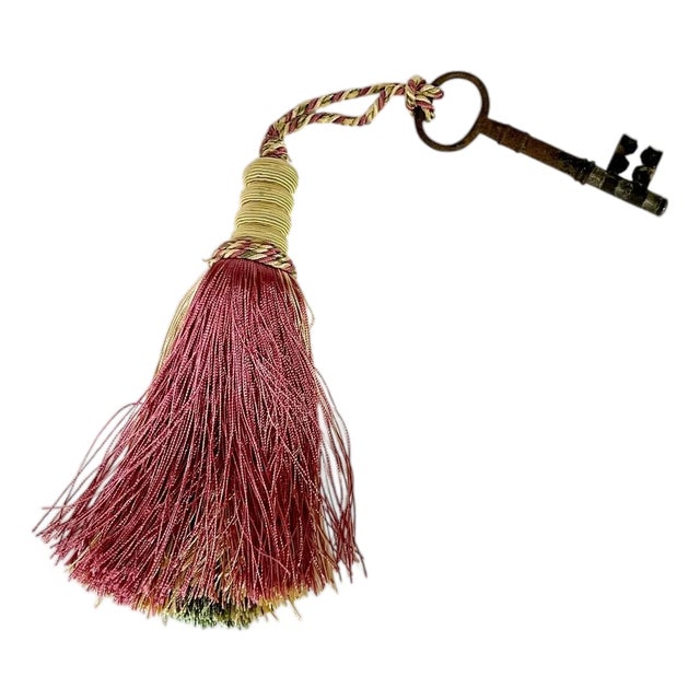 Vintage French Passementerie Gold and Pink Tassel With Antique Key For Sale