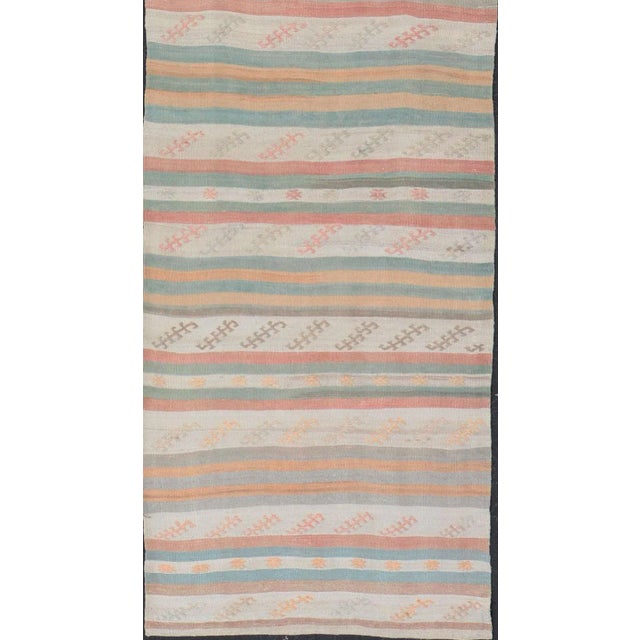 Mid 20th Century Vintage Turkish Kilim Runner With Stripes in Cream Lt Green Coral & Yellow For Sale In Atlanta - Image 6 of 11