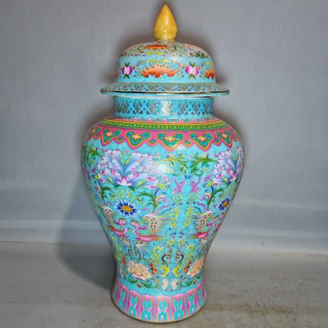 Pair of Large Vintage Cloisonné Enamel Phoenix & Lotus General Jars For Sale - Image 4 of 9