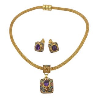 Vintage Amethyst Pendant Necklace & Earrings Set in Vermeil Cloisonné For Sale