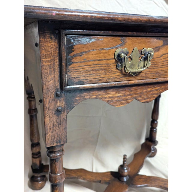 Antique Solid Oak William & Mary Side Table With Cross Stretcher For Sale - Image 9 of 15