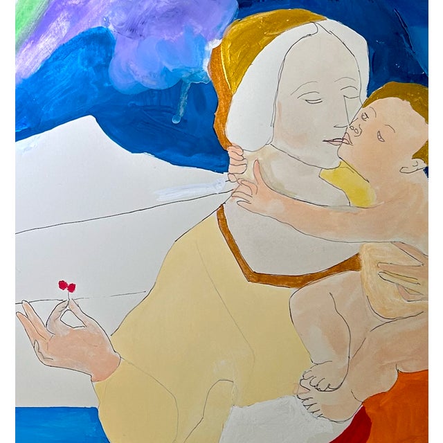 Original watercolor on paper features a stylized Northern Lights and Madonna and Child in the tradition of late Medieval...